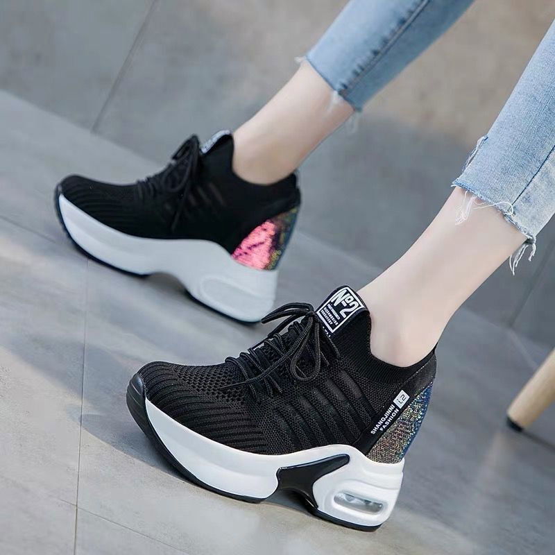 Knit Fabric Lace Up Sneakers - Sepatu kets kasual berpayet untuk wanita,