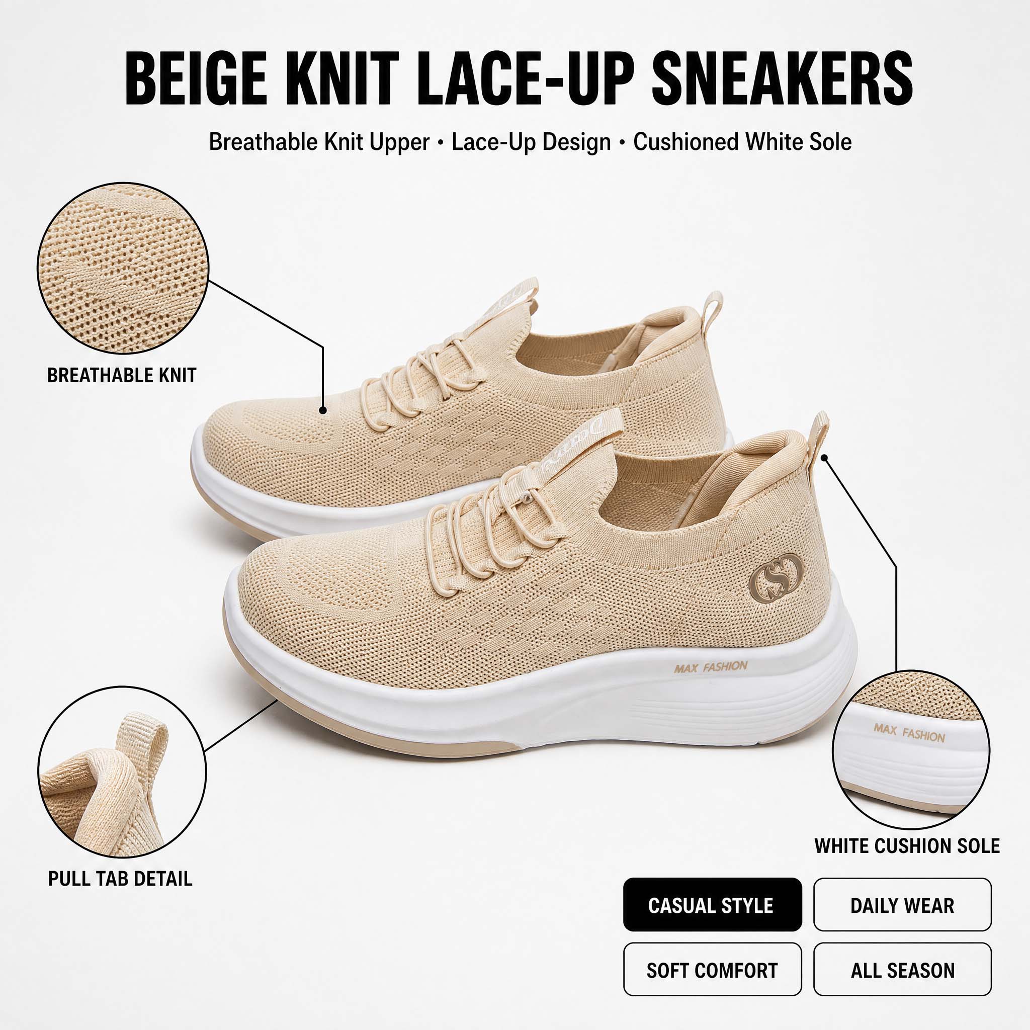 Knit Fabric Lace Up Sneakers - Sepatu Kasual Wanita dengan Sol Tebal